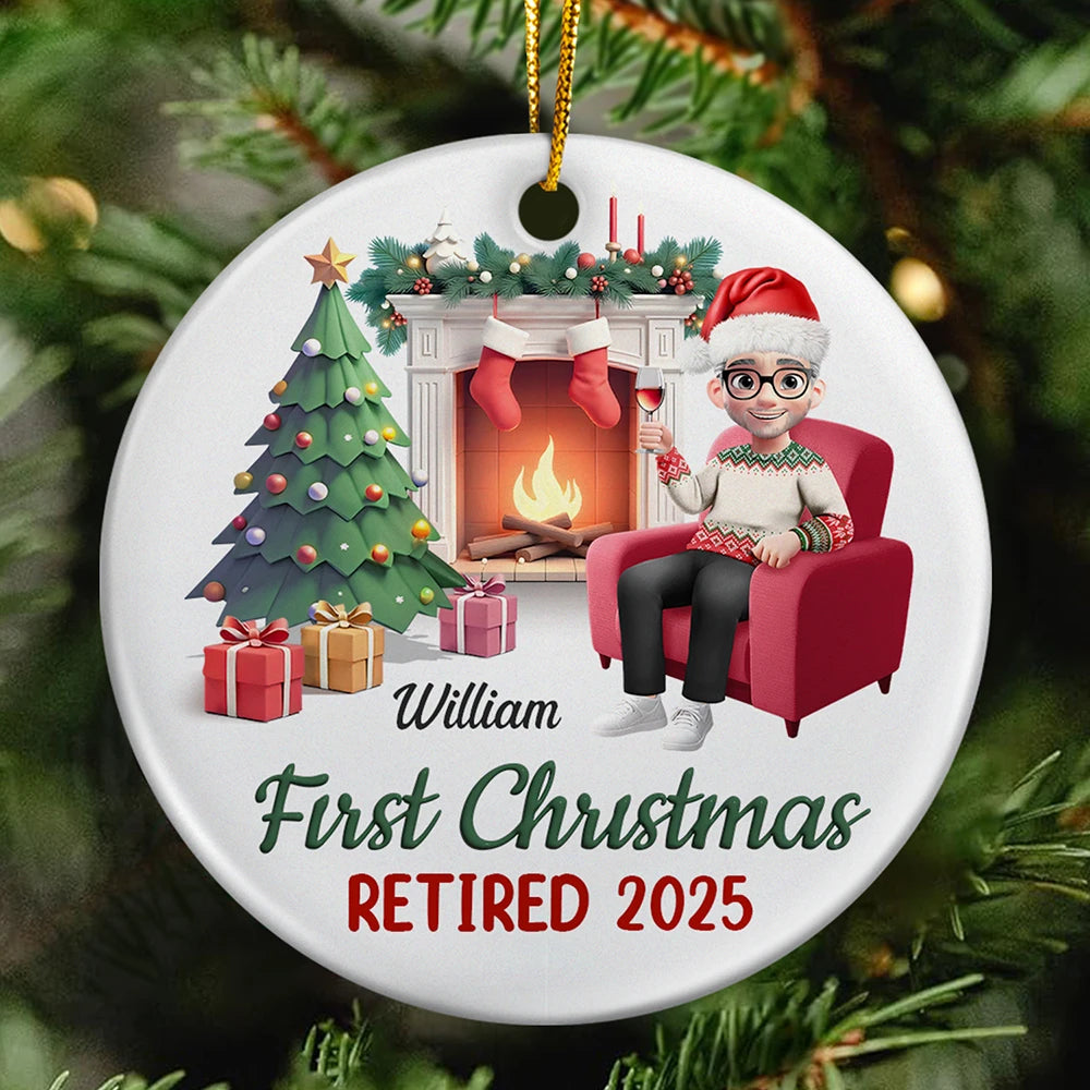 Retirement,Parents,Gift For Grandparents,Happy,Christmas,Gift For Yourself - First Christmas Retired - Personalized Circle Ceramic Ornament