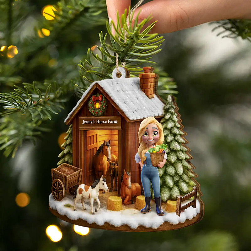 Farm, Gift For Yourself, Christmas, Gift For Women, Gift For Men, Happy - 3D Effect Christmas Horse Farm - Personalized Custom Shaped Wooden Ornament