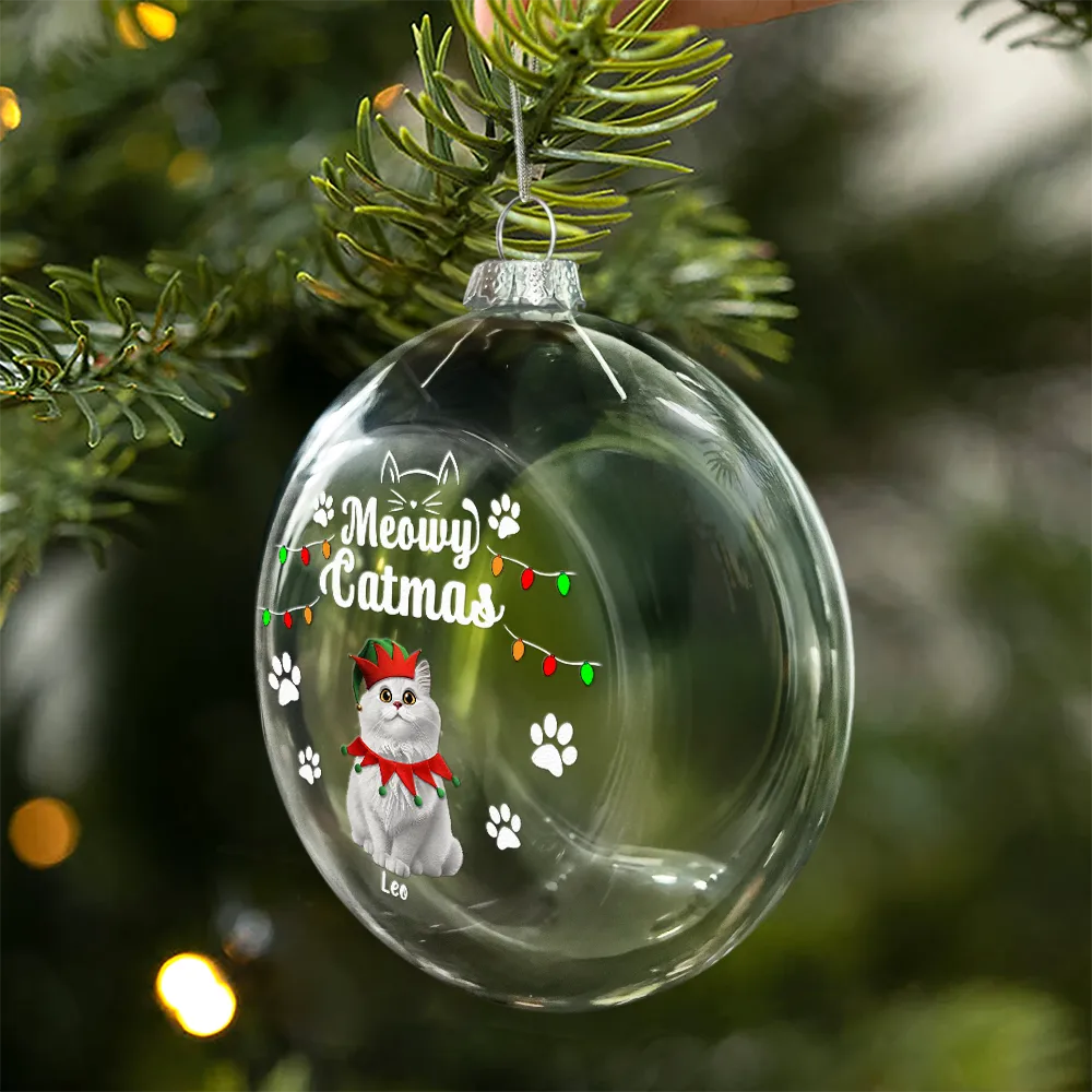 Cat Lovers, Christmas, Funny - Meowy Catmas Funny 3D Effect Cats - Personalized Clear Flat Ball Ornament