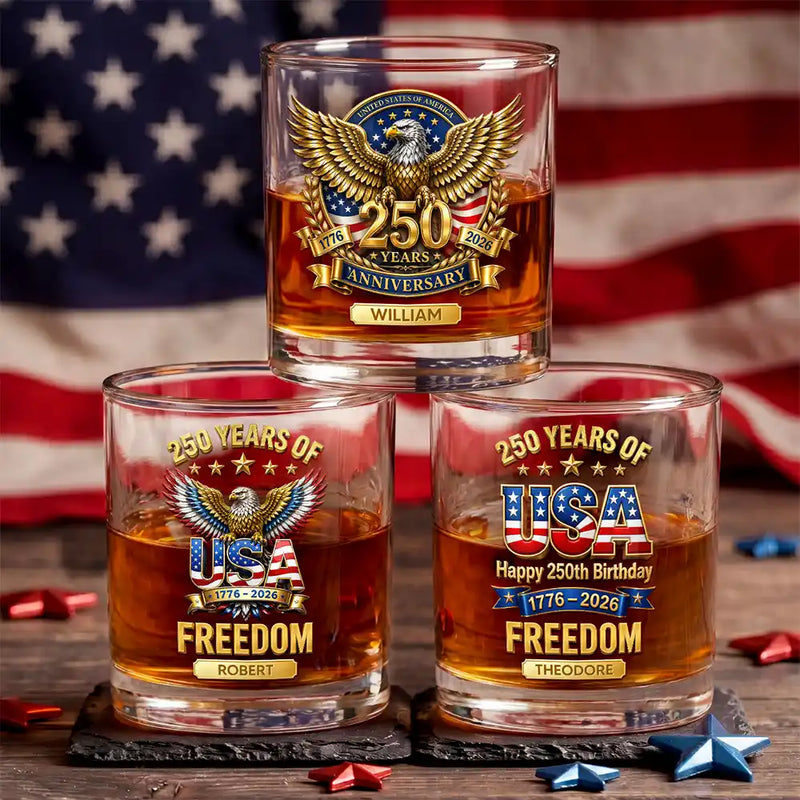 America 250th,Independence Day,Gift For Men,Gift For Yourself,Proud,Icon - 3D Effect 250 Years Of Freedom - Personalized Whiskey Glass