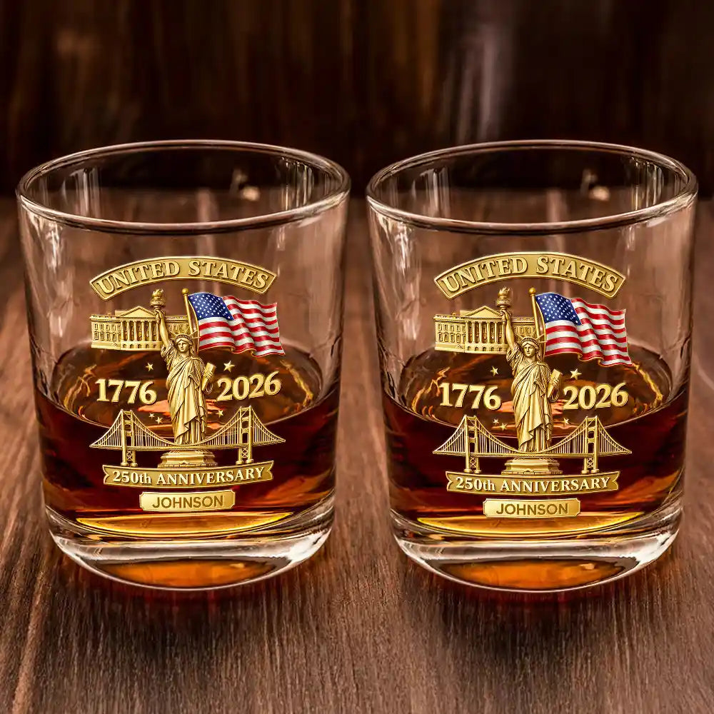 America 250th,Independence Day,Gift For Men,Gift For Yourself,Proud,Custom Text - 3D Effect 250th Anniversary - Personalized Whiskey Glass