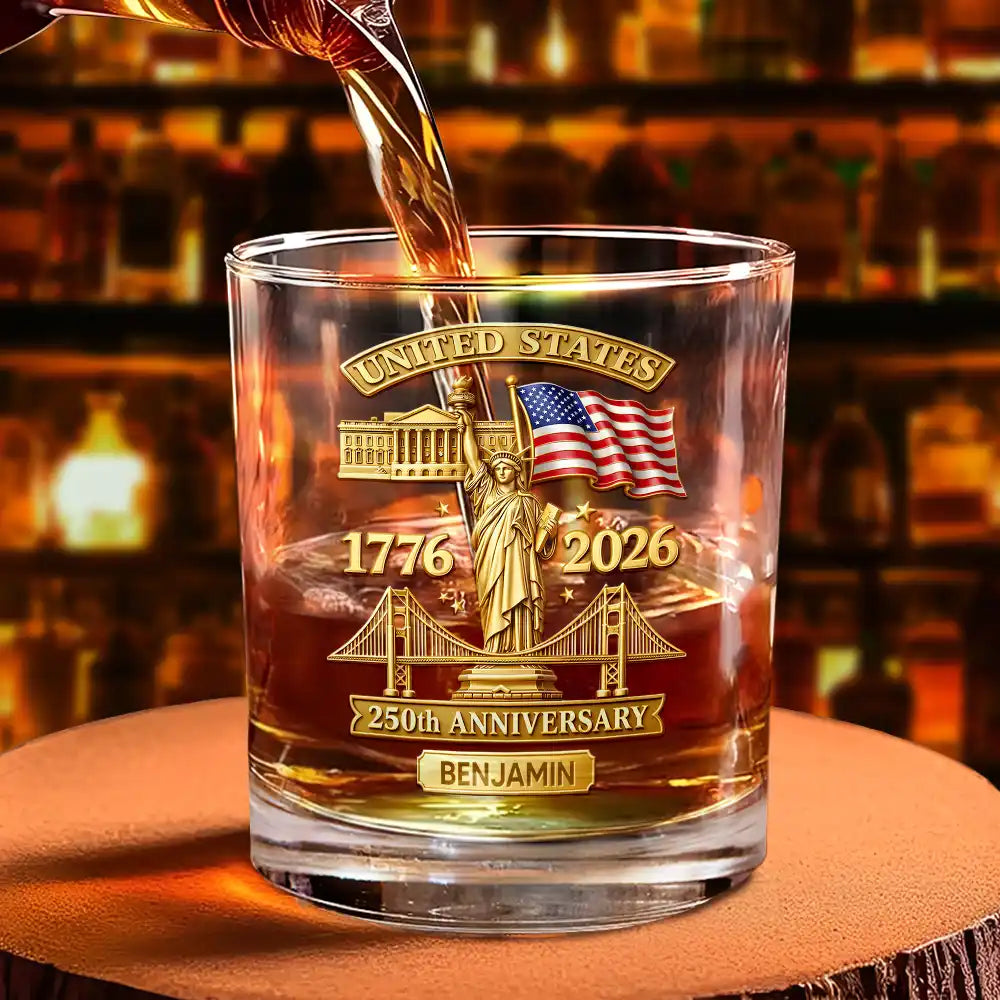 America 250th,Independence Day,Gift For Men,Gift For Yourself,Proud,Custom Text - 3D Effect 250th Anniversary - Personalized Whiskey Glass