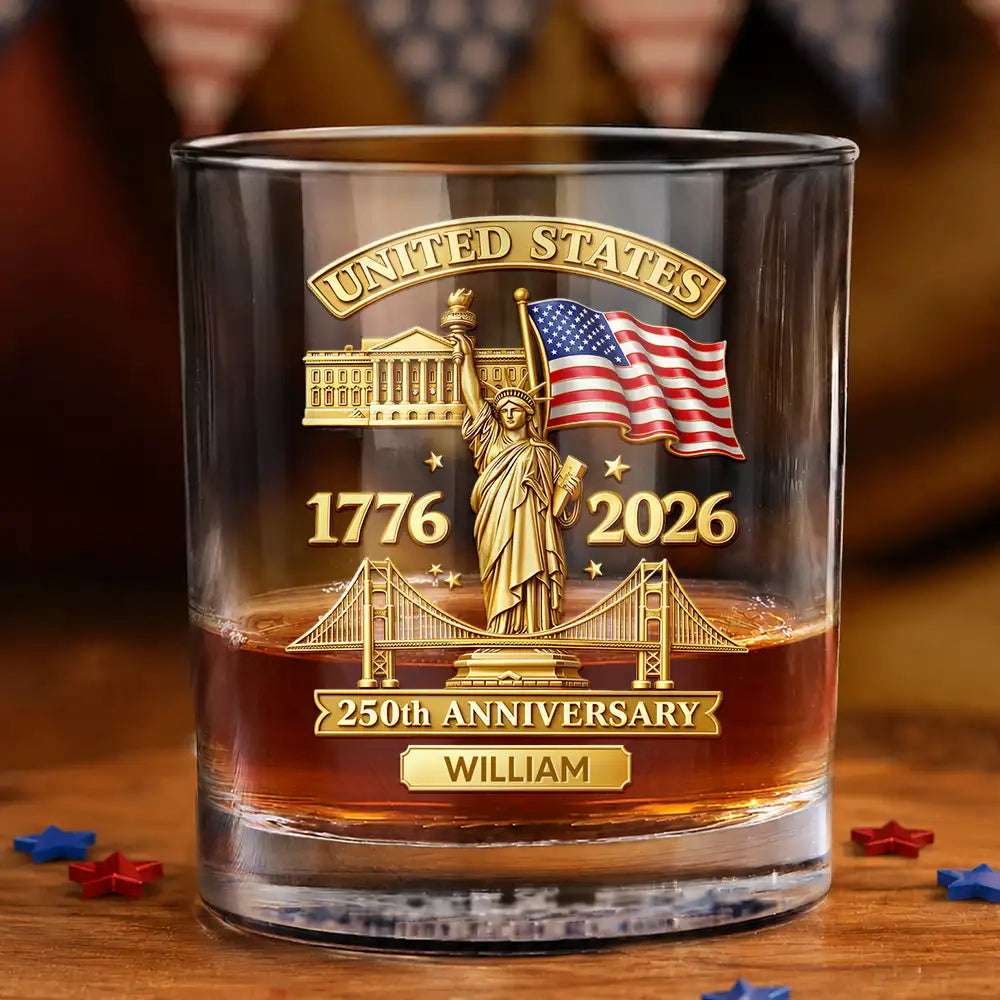 America 250th,Independence Day,Gift For Men,Gift For Yourself,Proud,Custom Text - 3D Effect 250th Anniversary - Personalized Whiskey Glass