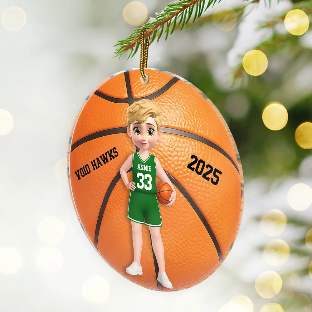 Family,Pet Lovers,Happy,Christmas - 3D Effect Basketball Girl Boy - Personalized Custom Shaped Acrylic Ornament