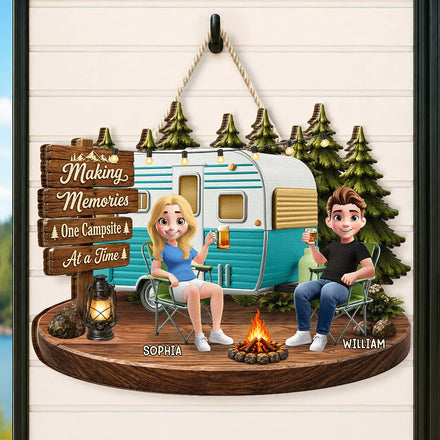 3D Effect Camping Couple Making Memories One Campsite At A Time - Personalized Custom Shaped Wood Sign