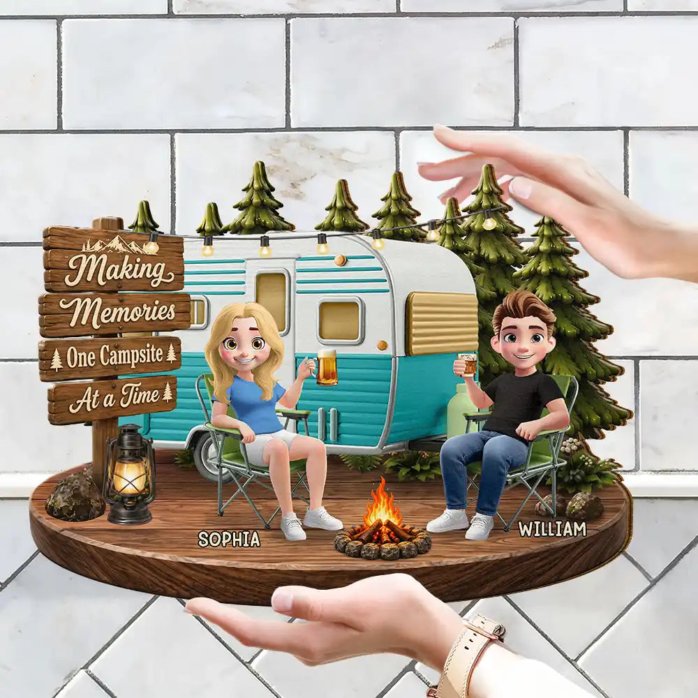 Top Market, Camping, Summer, Gift For Couples, Vector, Happy - 3D Effect Camping Couple Making Memories One Campsite At A Time - Personalized Custom Shaped Wood Sign