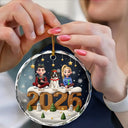 3D Effect Christmas Family And Dog Cat - Personalized Circle Glass Ornament