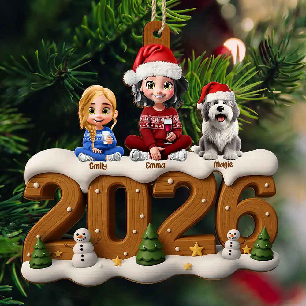 3D Effect Christmas Family And Dog Cat - Personalized Custom Shaped Wooden Ornament