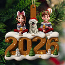 3D Effect Christmas Family And Dog Cat - Personalized Custom Shaped Wooden Ornament