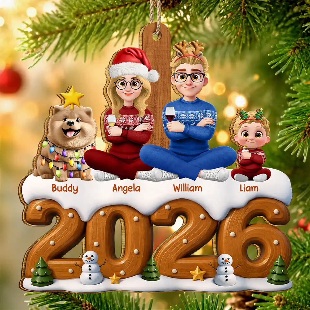 3D Effect Christmas Family Sitting Together - Personalized Custom Shaped Wooden Ornament