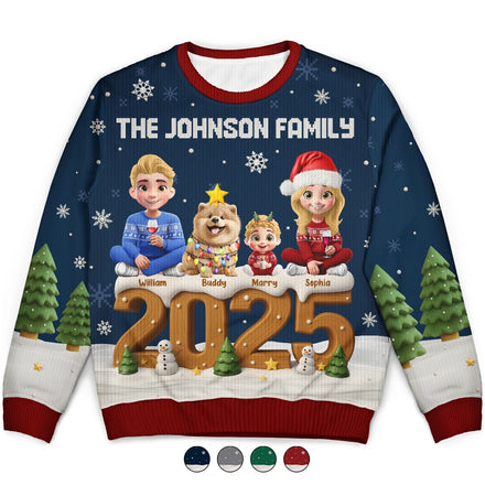 3D Effect Christmas Sitting Family - Personalized Unisex Ugly Sweater