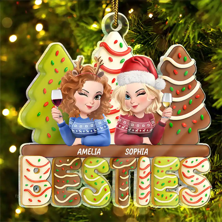 3D Effect Christmas Tree Cake Besties Sisters - Personalized Custom Shaped Acrylic Ornament