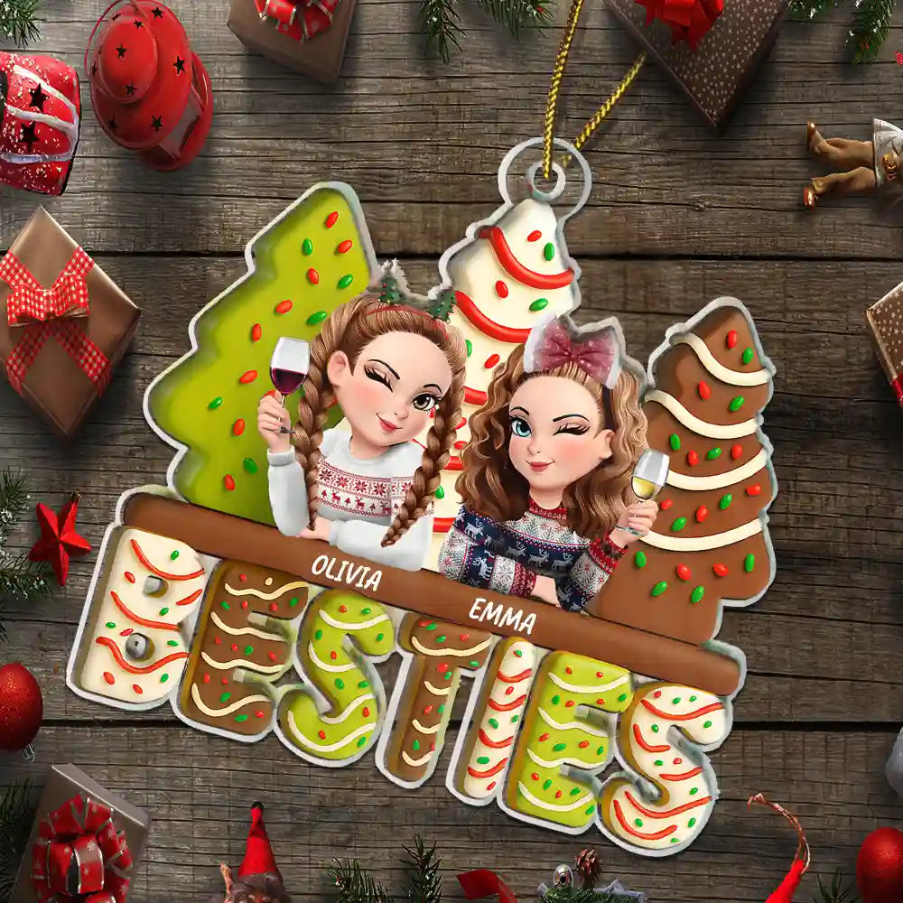 Gift For Bestie, Gift For Sisters, Christmas, Happy - 3D Effect Christmas Tree Cake Besties Sisters - Personalized Custom Shaped Acrylic Ornamenta