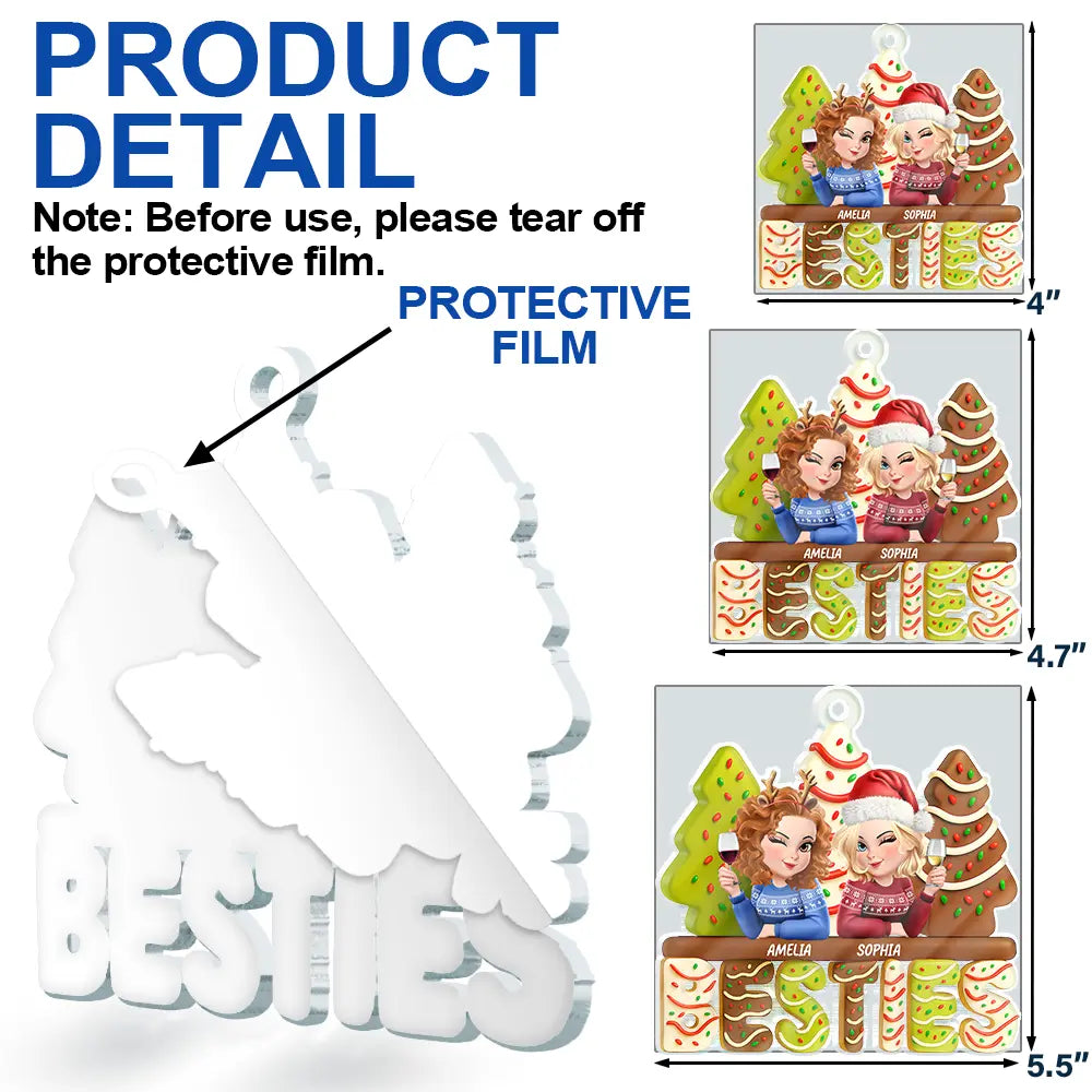 Gift For Bestie, Gift For Sisters, Christmas, Happy - 3D Effect Christmas Tree Cake Besties Sisters - Personalized Custom Shaped Acrylic Ornamenta