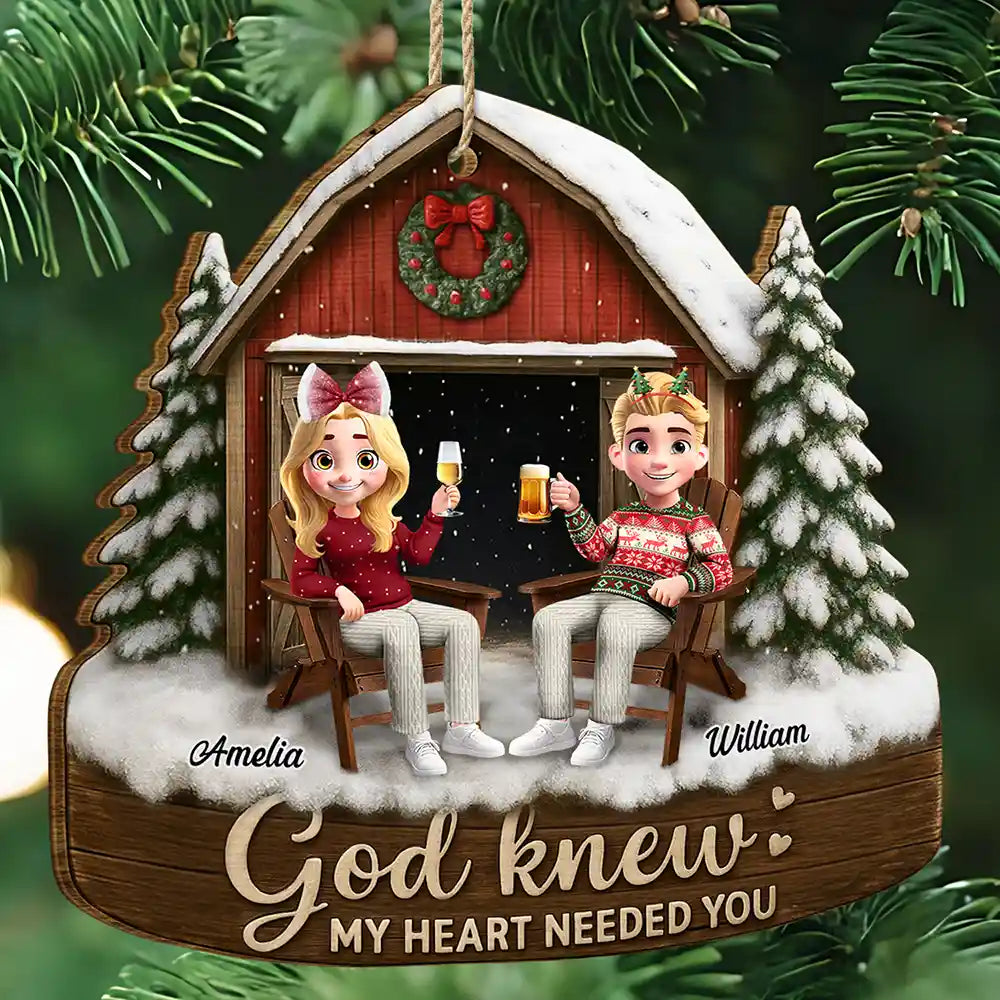 Gift For Couples,Gift For Husband,Gift For Wife,Gift For Boyfriend,Gift For Girlfriend,Love,Christmas - 3D Effect Couple God Knew My Heart Needed You - Personalized Custom Shaped Wooden Ornament