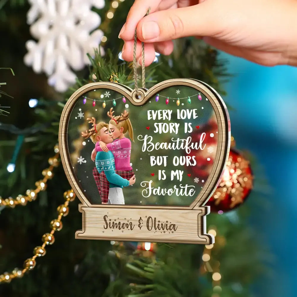 Christmas,Gift For Couples,Gift For Husband,Gift For Wife,Gift For Boyfriend,Happy - 3D Effect Couple Our Love Is My Favorite - Personalized 2-Layered Mix Ornament