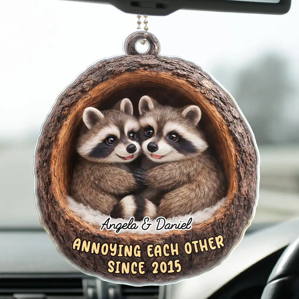 3D Effect Couple Raccoon Annoying Each Other - Personalized Acrylic Car Hanger