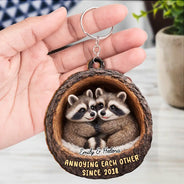 Gift For Couples,Gift For Women,Gift For Men,Gift For Boyfriend,Gift For Girlfriend,Gift For Wife,Gift For Husband,Funny,Love - 3D Effect Couple Raccoon Annoying Each Other - Personalized Wooden Keychain