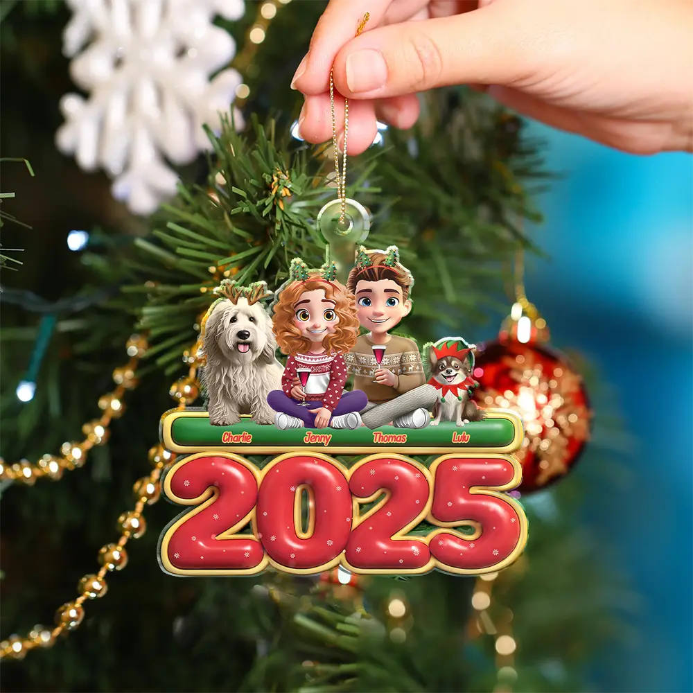 Gift For Couples, Dog Couple, Dog Lovers, Christmas, Happy - 3D Effect Couple Sitting With Dogs - Personalized Custom Shaped Acrylic Ornament