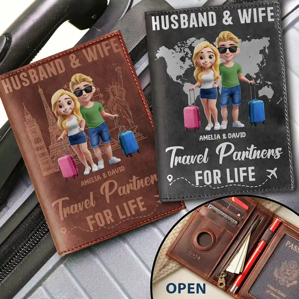 3D Effect Couple Travel Partners For Life - Personalized Combo 2 Leather Passport Holders