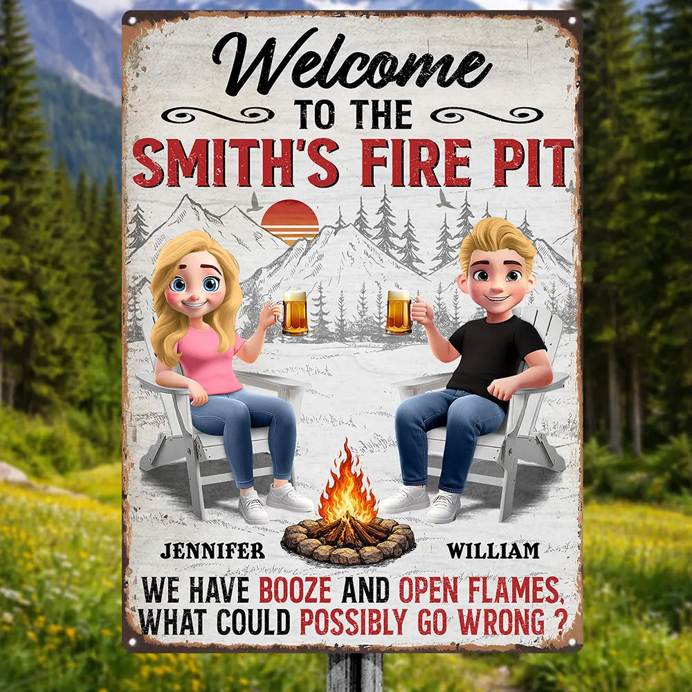 Old Couples,Gift For Husband,Gift For Wife,Gift For Boyfriend,Gift For Girlfriend,Camping,Campsite,Happy - 3D Effect Couple Welcome To Our Fire Pit - Personalized Classic Metal Signs