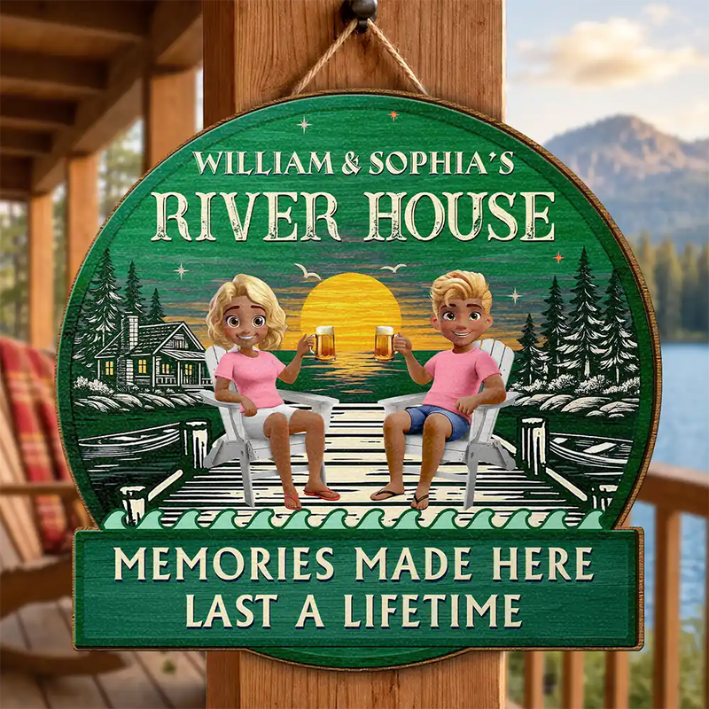Outdoor Decor, Gift For Couples, Vector, Happy - 3D Effect Couple Welcome To Our Lake House - Personalized Custom Shaped Wood Sign