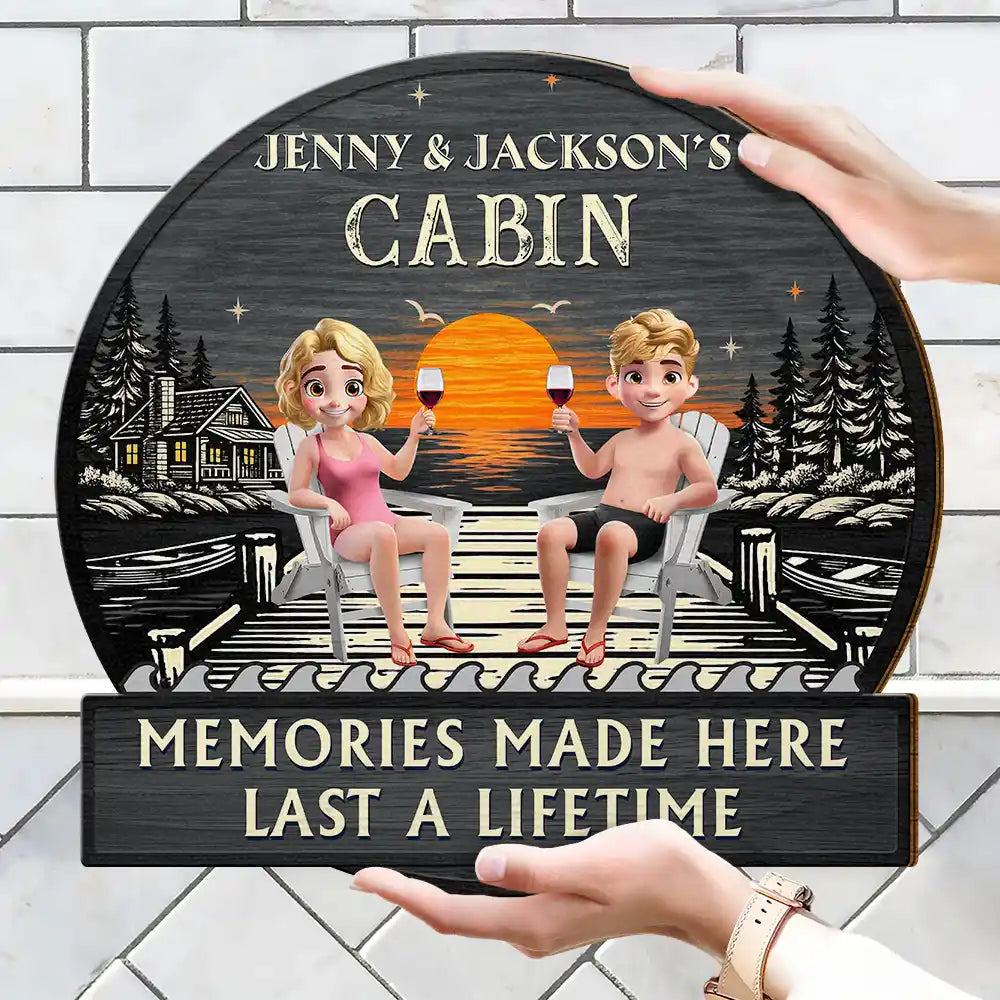Outdoor Decor, Gift For Couples, Vector, Happy - 3D Effect Couple Welcome To Our Lake House - Personalized Custom Shaped Wood Sign