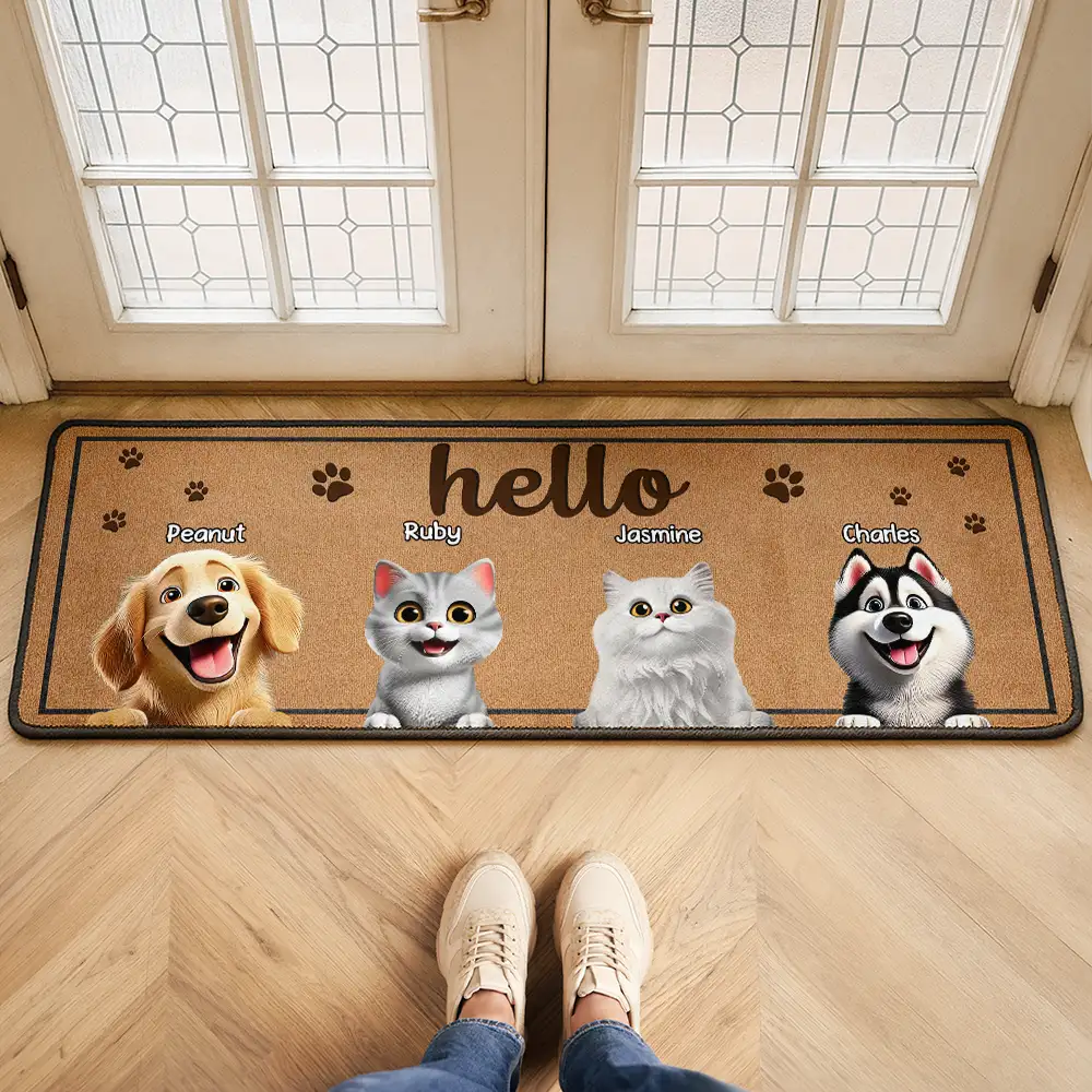 3D Effect Dog Cat Hello Welcome To Our Home - Personalized Runner Rug