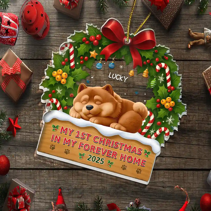 Pet Lovers,Pet Mom,Pet Dad,Dog Lovers,Dog Mom,Dog Dad,Happy,Christmas - 3D Effect Dog My 1st Christmas In My Forever Home - Personalized Custom Shaped Acrylic Ornament