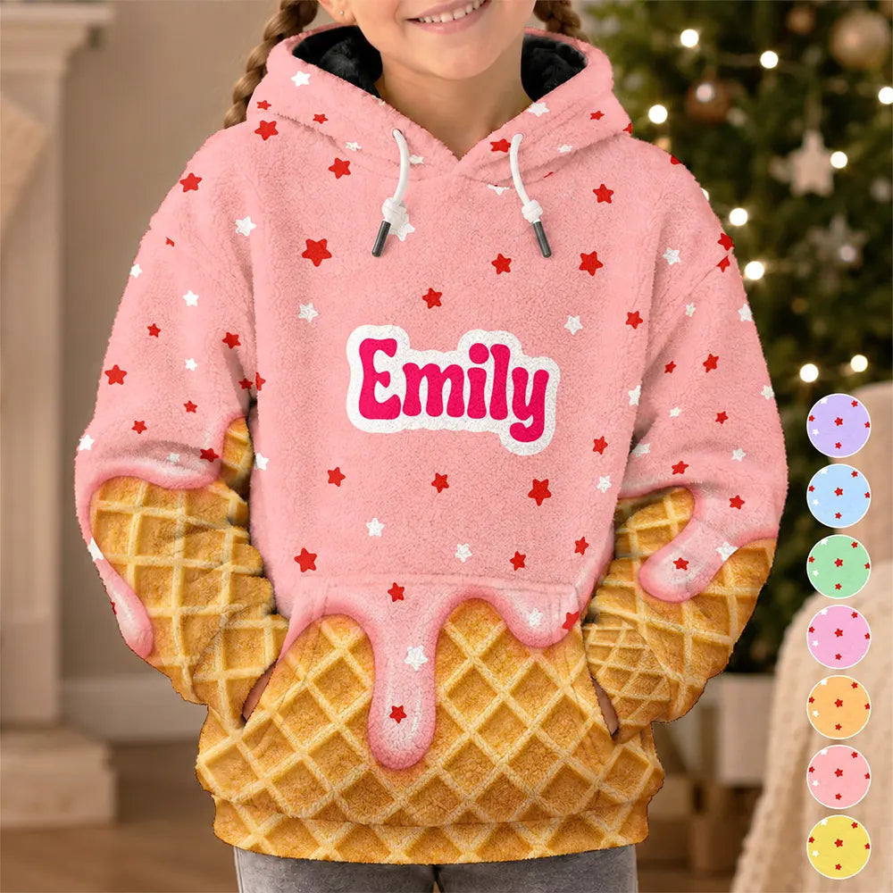Adorable,Gift For Kids,Custom Text - 3D Effect Dripping Ice Cream Cute Outfit For Kids - Personalized Fleece Hoodie
