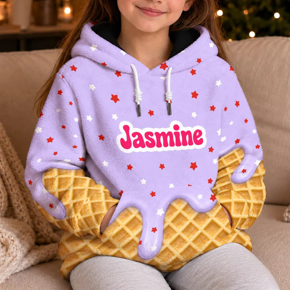 Adorable,Gift For Kids,Custom Text - 3D Effect Dripping Ice Cream Cute Outfit For Kids - Personalized Fleece Hoodie