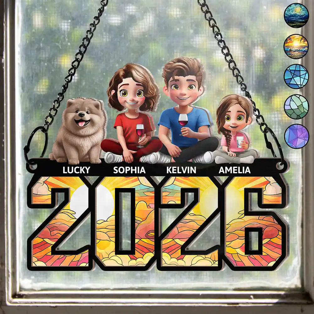 Family, Parents, Gift For Grandparents, Happy - 3D Effect Family And Dog Cat - Personalized Window Hanging Suncatcher Ornament