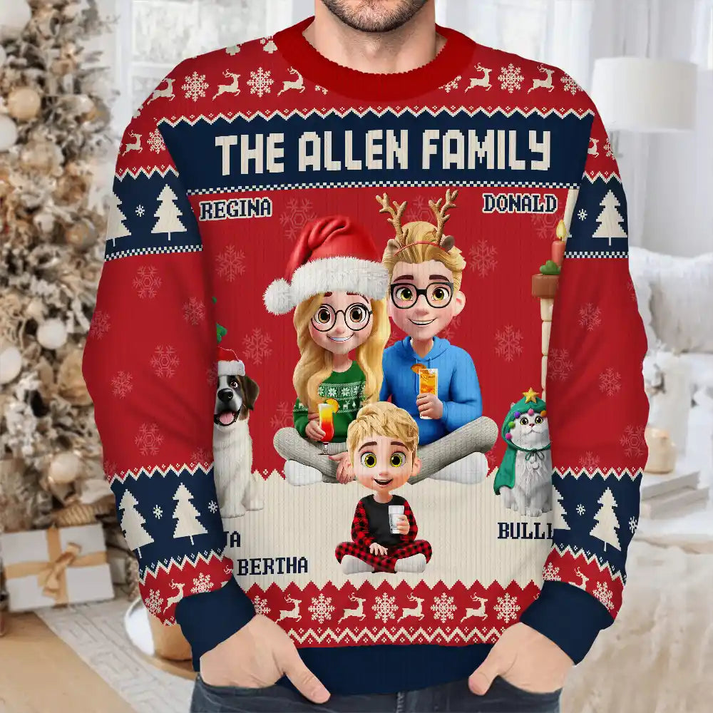 Family,Parents,Gift For Kids,Pet Lovers,Dog Lovers,Cat Lovers,Christmas,Happy - 3D Effect Family Merry Christmas - Personalized Unisex Ugly Sweater