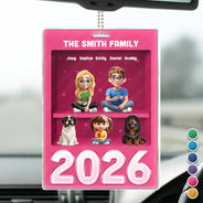 Family,Pet Lovers,Pet Mom,Pet Dad,Pet Couple,Dog Lovers,Dog Couple,Dog Mom,Dog Dad,Cat Lovers,Cat Mom,Cat Dad,Cat Couple,Happy,Single Mom,Single Dad,LGBT,Gift For Grandpa,Gift For Grandma,Gift For Grandkids - 3D Effect Family Sitting Together - Personalized Acrylic Car Hanger