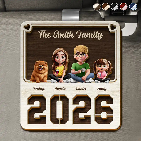 Family,Pet Lovers,Pet Mom,Pet Dad,Pet Couple,Dog Lovers,Dog Couple,Dog Mom,Dog Dad,Cat Lovers,Cat Mom,Cat Dad,Cat Couple,Happy,Single Mom,Single Dad,LGBT,Gift For Grandpa,Gift For Grandma,Gift For Grandkids - 3D Effect Family Sitting Together - Personalized Custom Shaped Car Visor Clip