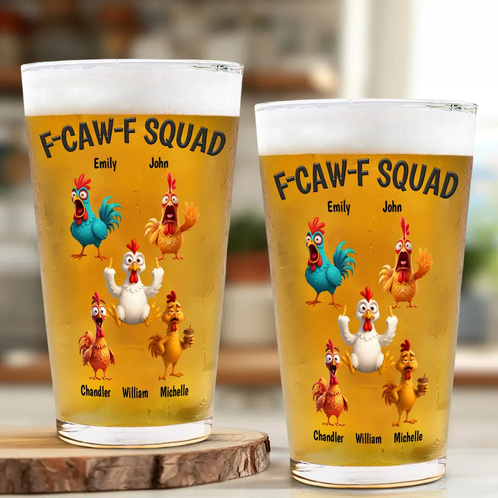 Funny, Gift For Yourself, Gift For Women, Gift For Men, Farm, Gifts For Colleagues, Gift For Bestie - 3D Effect Funny Chickens F-CAW-F Squad - Personalized Beer Glass