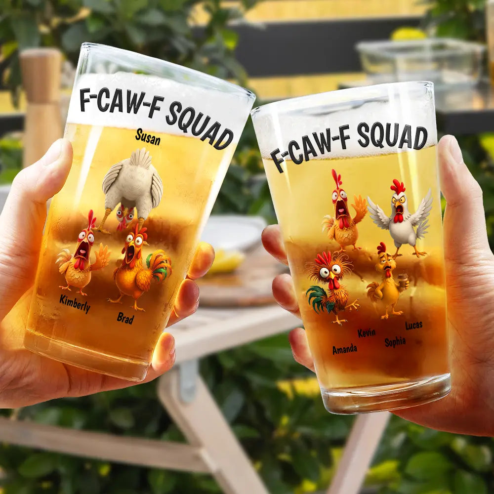 Funny, Gift For Yourself, Gift For Women, Gift For Men, Farm, Gifts For Colleagues, Gift For Bestie - 3D Effect Funny Chickens F-CAW-F Squad - Personalized Beer Glass