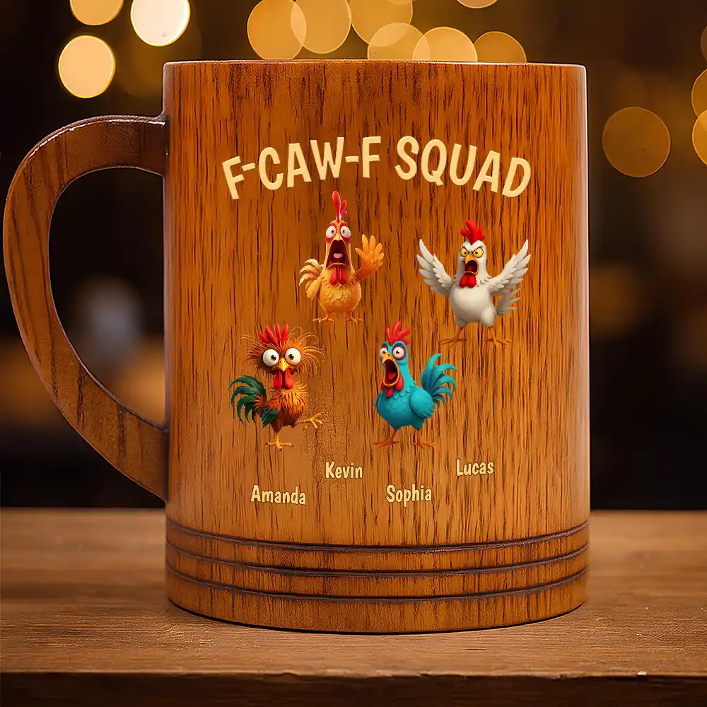 3D Effect Funny Chickens F-CAW-F Squad - Personalized Wooden Mug