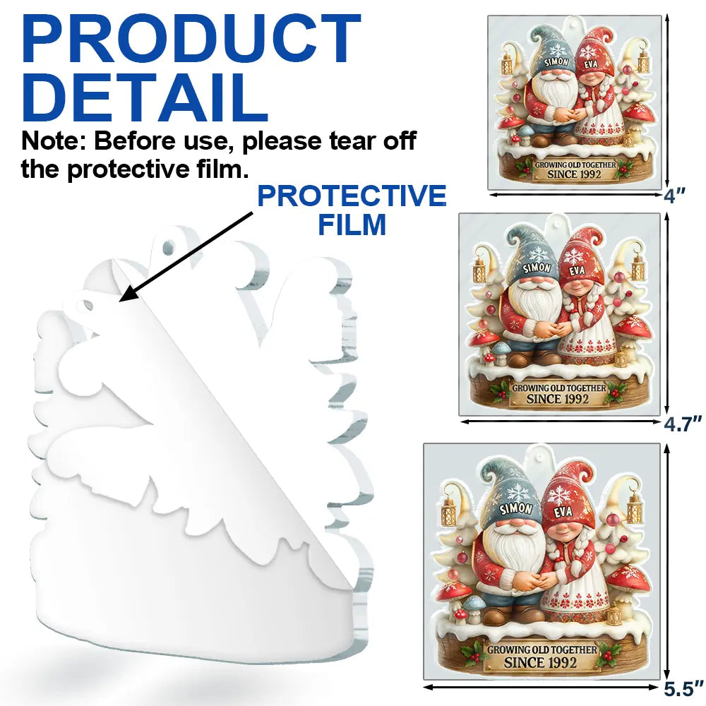 Christmas,Gift For Couples,Old Couples,Gift For Husband,Gift For Wife,Happy - 3D Effect Gnome Couple Growing Old Together - Personalized Custom Shaped Acrylic Ornament