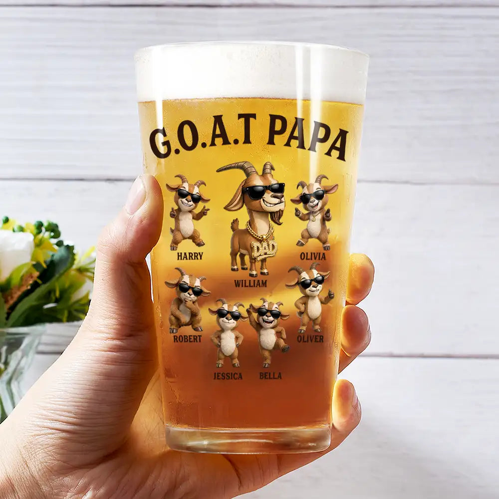 Gift For Father,Humorous,Icon - 3D Effect Goat Dad And Kids - Personalized Beer Glass
