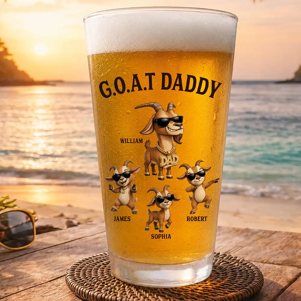 Gift For Father,Humorous,Icon - 3D Effect Goat Dad And Kids - Personalized Beer Glass