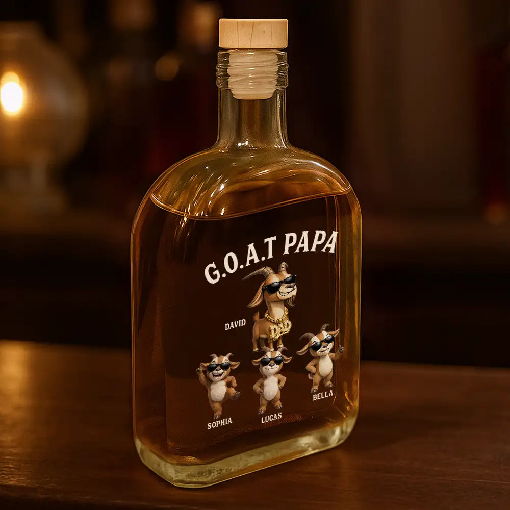 Gift For Father,Humorous,Icon - 3D Effect Goat Dad And Kids - Personalized Whiskey Bottle