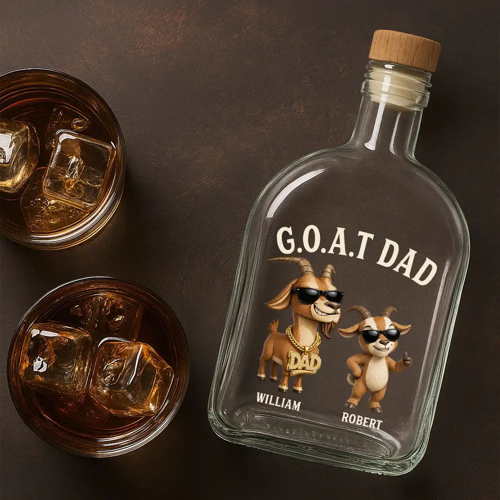 Gift For Father,Humorous,Icon - 3D Effect Goat Dad And Kids - Personalized Whiskey Bottle