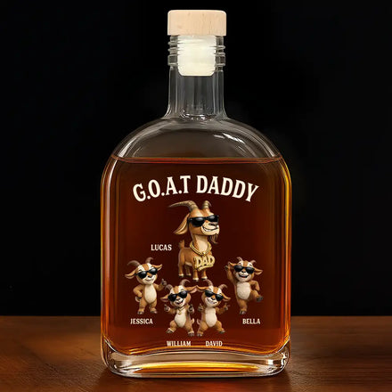 3D Effect Goat Dad And Kids - Personalized Whiskey Bottle