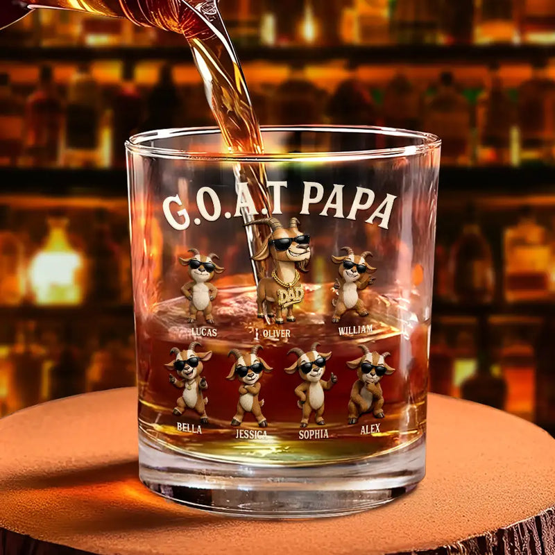 Gift For Father,Humorous,Icon - 3D Effect Goat Dad And Kids - Personalized Whiskey Glass