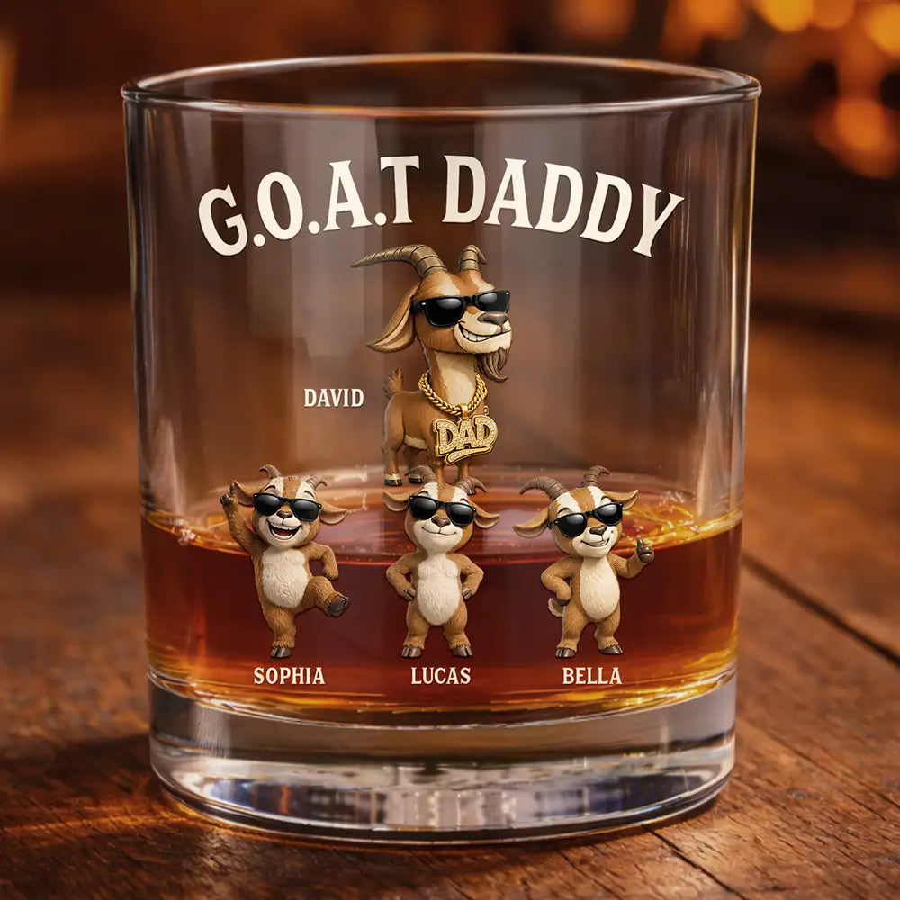Gift For Father,Humorous,Icon - 3D Effect Goat Dad And Kids - Personalized Whiskey Glass