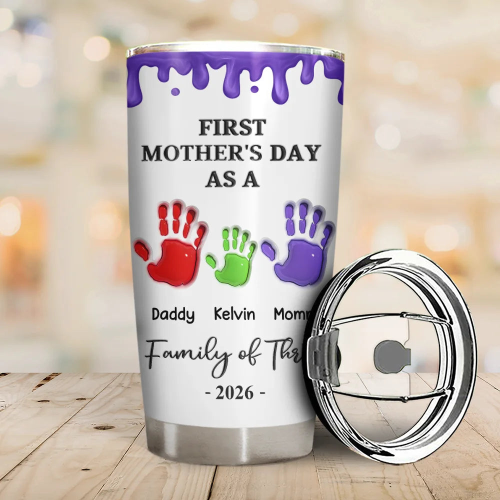 Family, New Dad, New Mom, New baby, Happy - 3D Effect Handprints Family - Personalized Tumbler