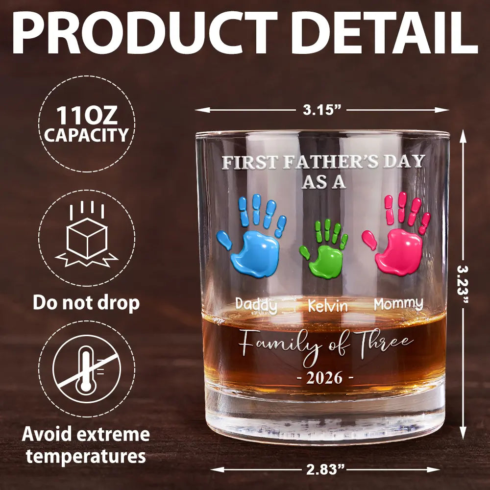 Family,New Dad,New Mom,New baby,Happy - 3D Effect Handprints Family - Personalized Whiskey Glass