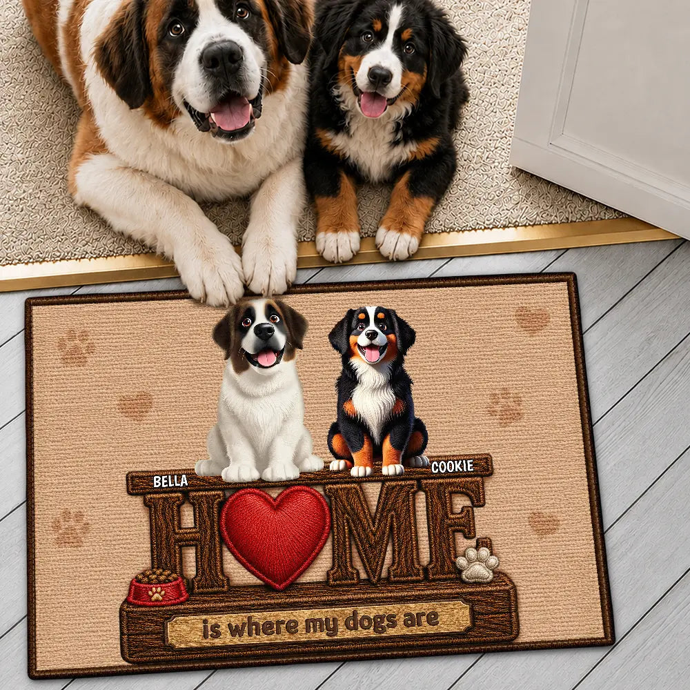 Adorable,Indoor Decor,Pet Lovers,Vector - 3D Effect Home Is Where My Dogs Cats Are Faux Embroidery Effect - Personalized Doormat