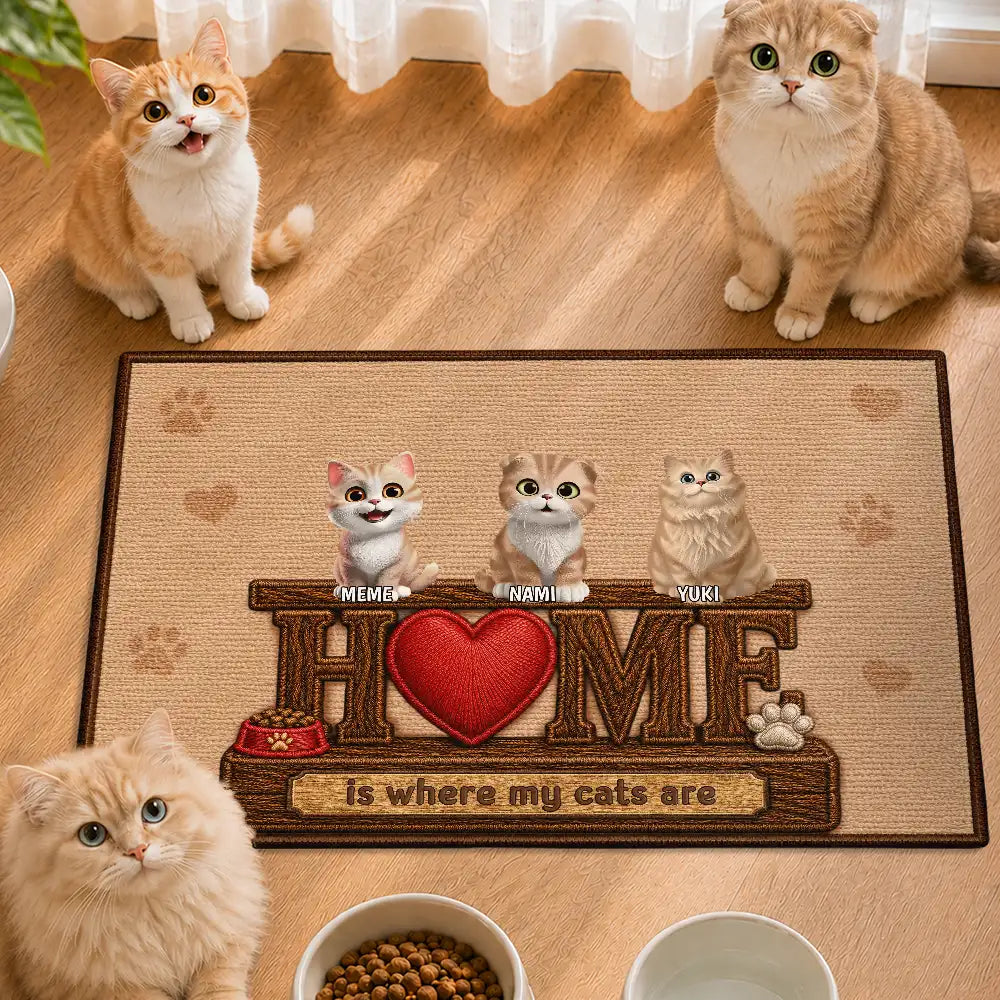 Adorable,Indoor Decor,Pet Lovers,Vector - 3D Effect Home Is Where My Dogs Cats Are Faux Embroidery Effect - Personalized Doormat